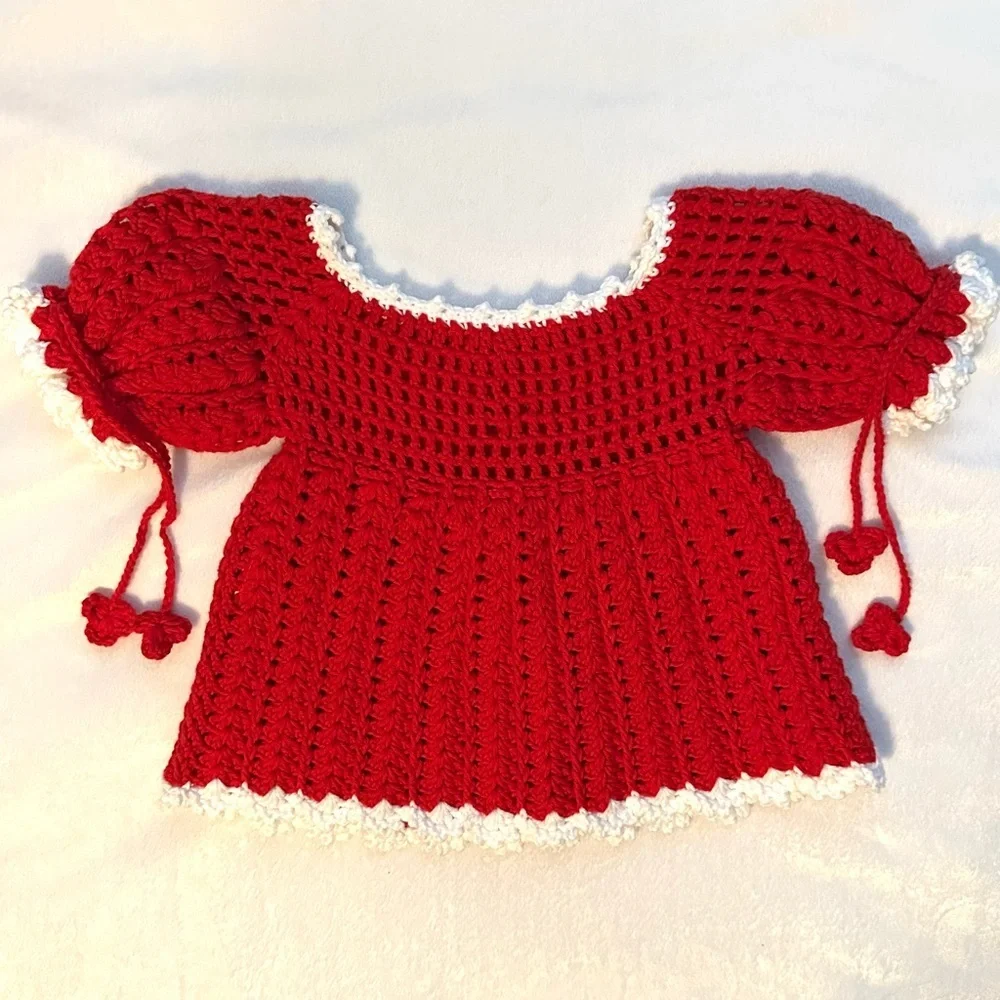 Hand & Heart Handmade Crocheted Red Baby Dress 6M Bows Flowers Appliqué Cotton